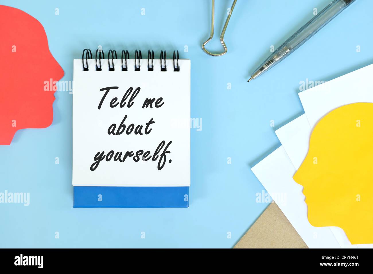 Tell me about yourself hiring question. Flat lay composition. Stock Photo