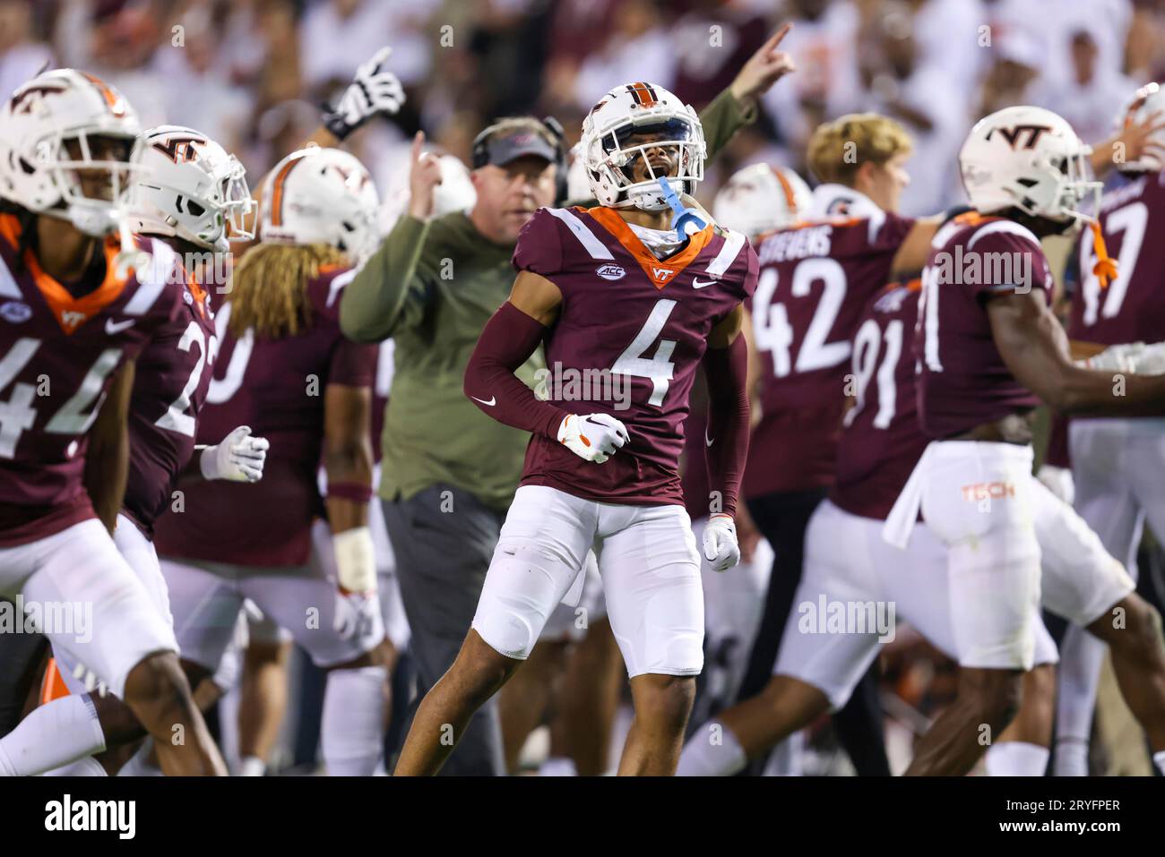 September 30, 2023: Virginia Tech Hokies cornerback Mansoor Delane (4)  celebrates a forced turnover with his teammates during the NCAA football  game between the Pittsburgh Panthers and the Virginia Tech Hokies at