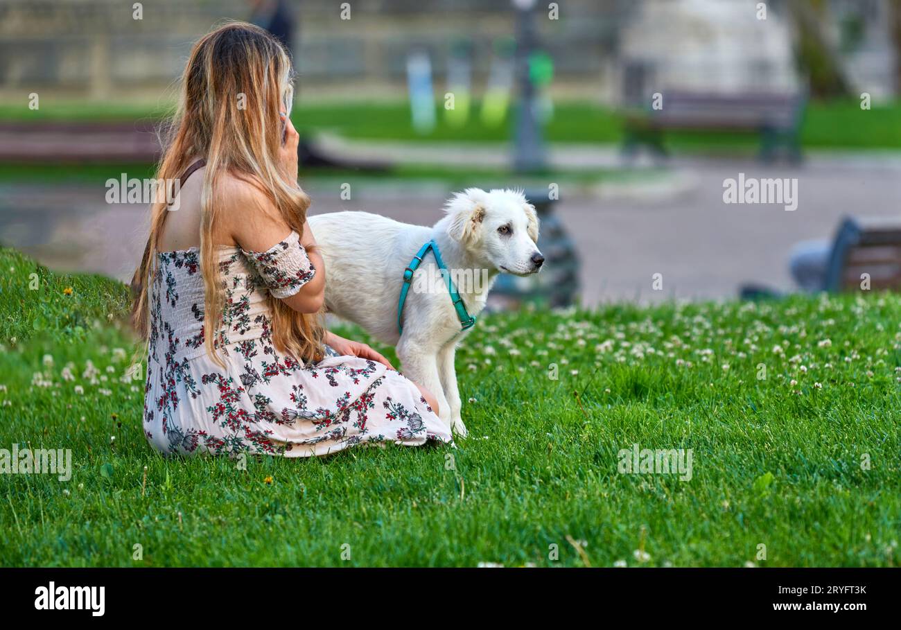 A girl in floral pattern dress with a white dog in the park Stock Photo