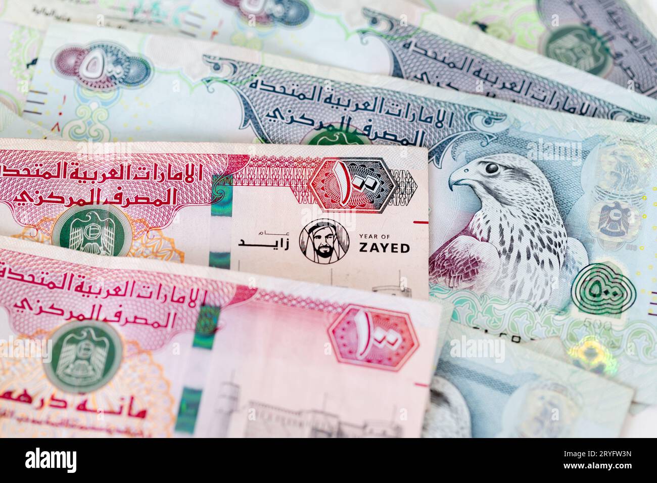 UAE dirhams, paper money, one and five hundred dirhams banknotes, closeup view Stock Photo
