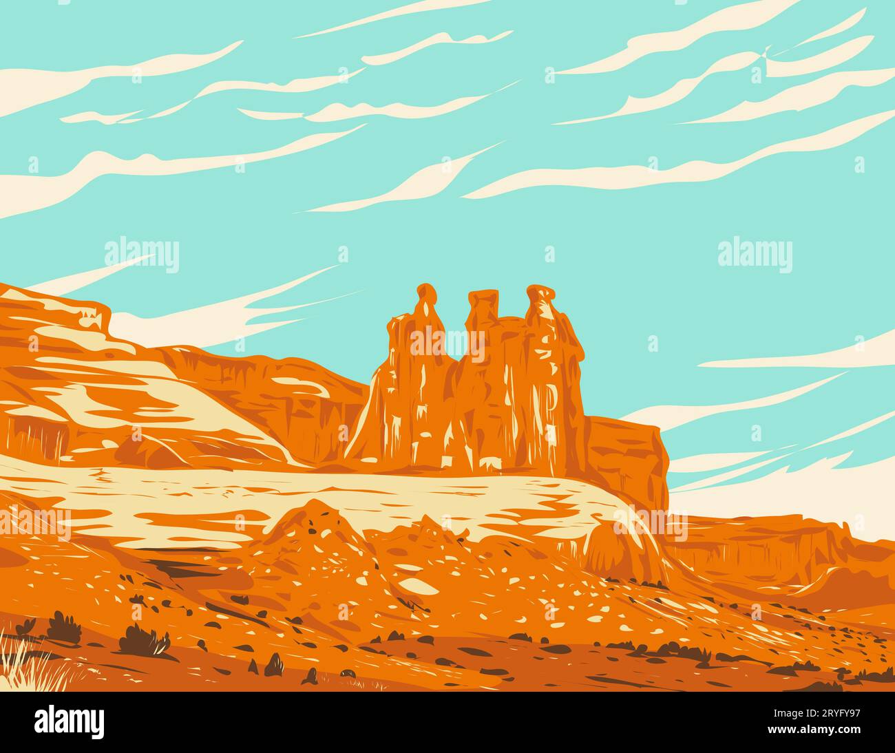 Three Gossips Within Courthouse Towers Cluster in Arches National Park Utah WPA Poster Art Stock Photo