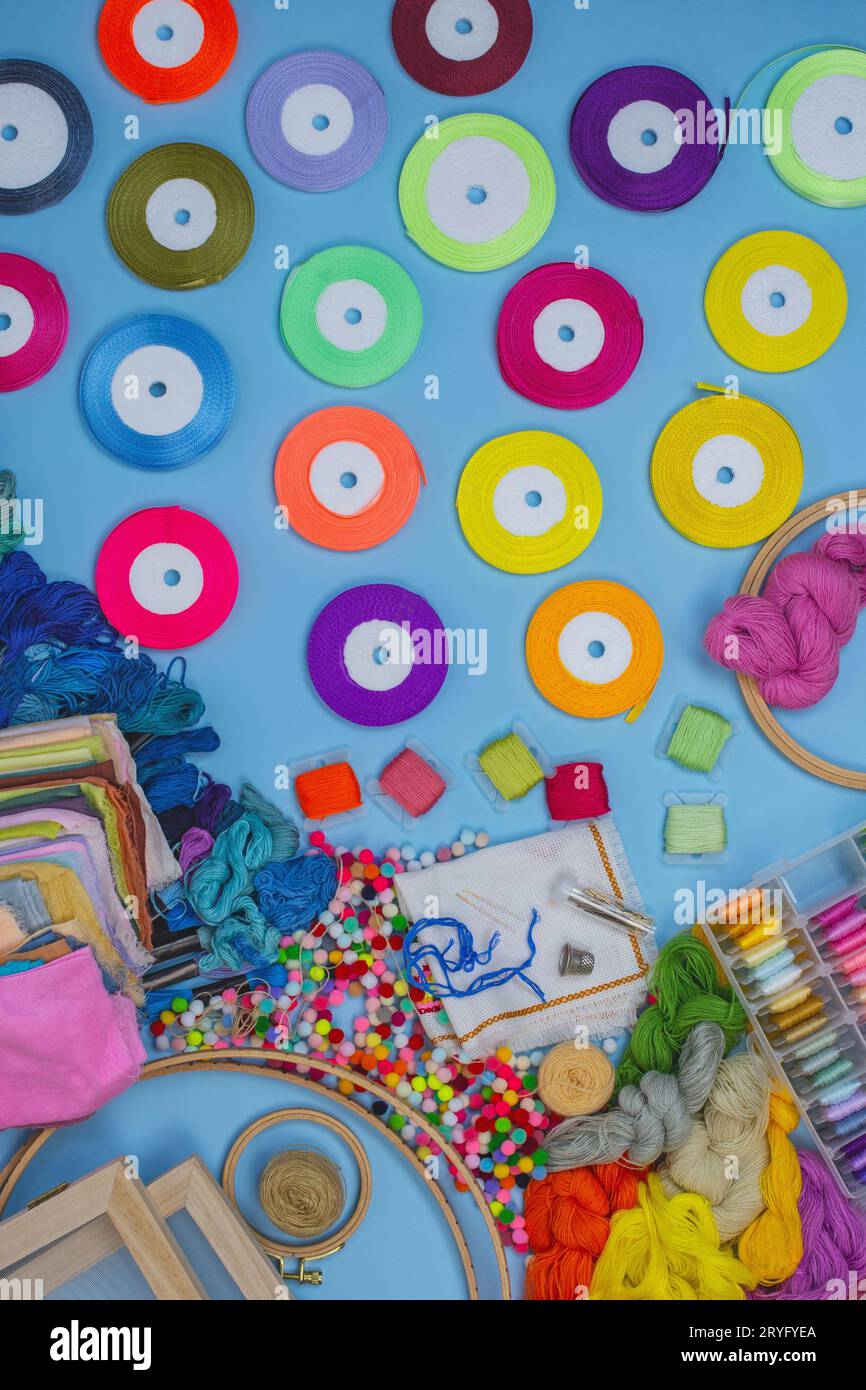 Set of hand embroidery with satin ribbons. Accessories for embroidery