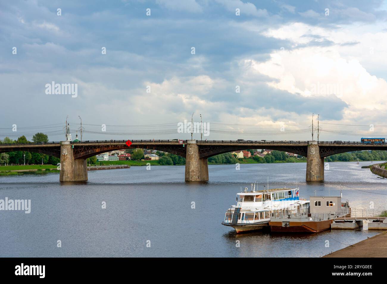Tver, view from the Mikhail Yaroslavich embankment to the New Volga Bridge, picturesque landscape Stock Photo
