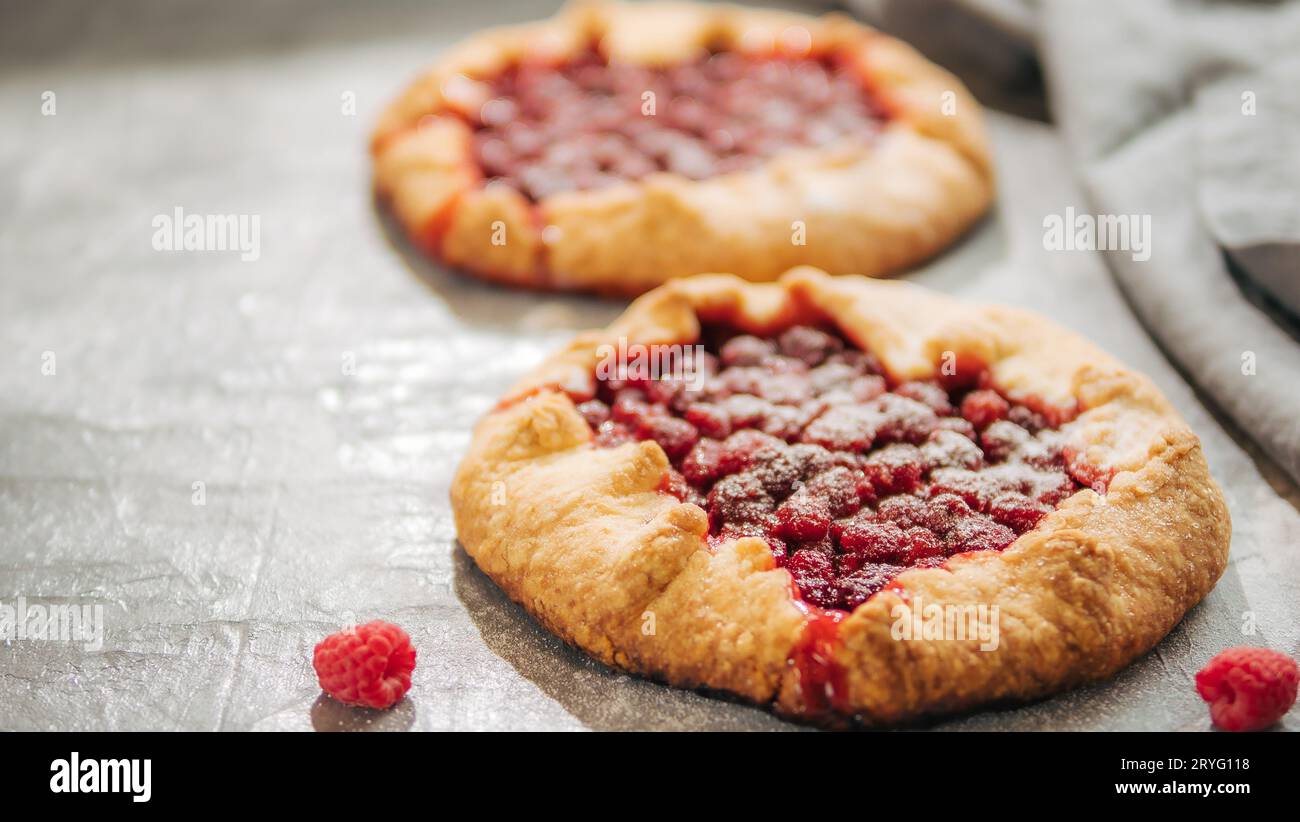 Raspberry galette or raspberries rustic tart Stock Photo
