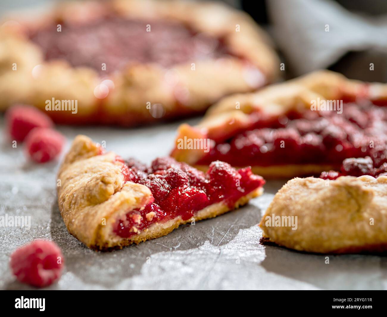Raspberry galette or raspberries rustic tart slice Stock Photo