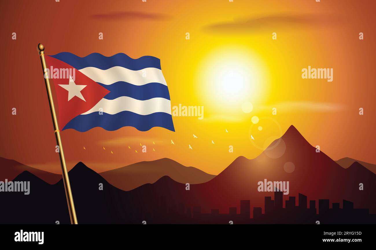 Cuba flag with sunset background of mountains and lakes Stock Vector ...
