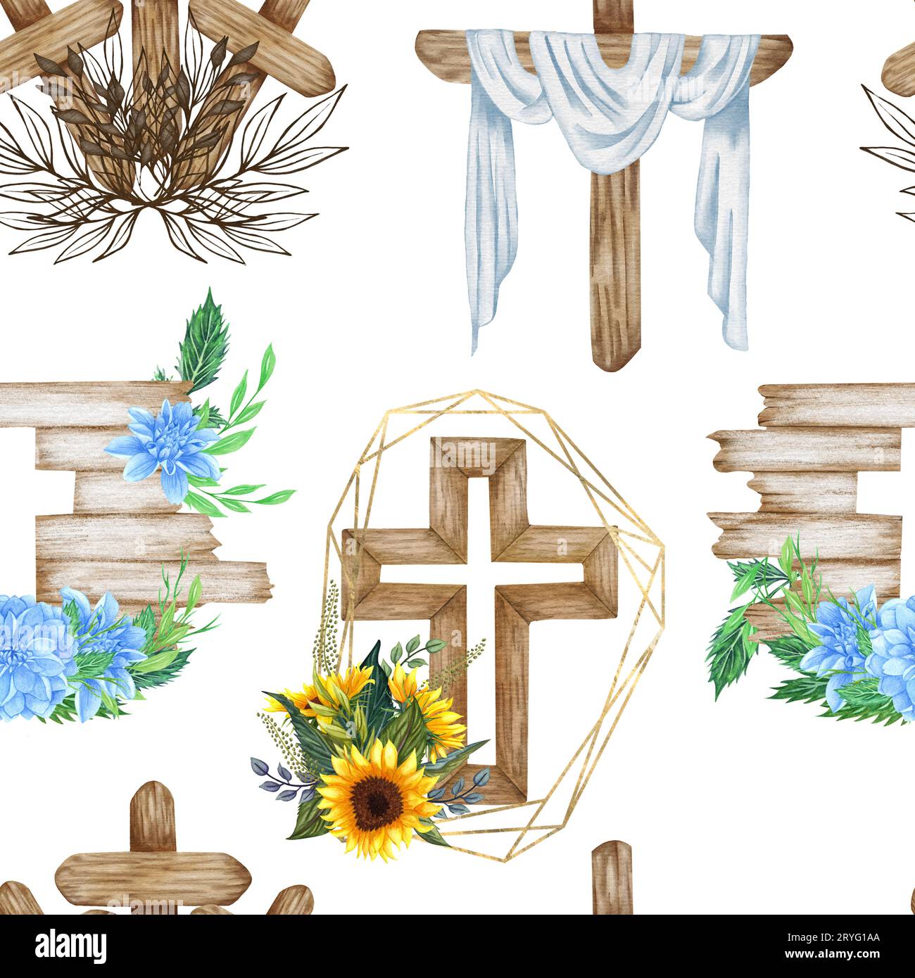 Rustic Wood Cross clipart, Watercolor Floral Crosses clipart