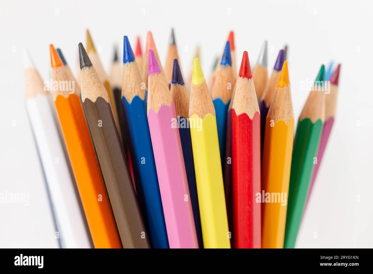 Closeup of coloring pencils isolated on white background, arts and crafts, back to school concept Stock Photo