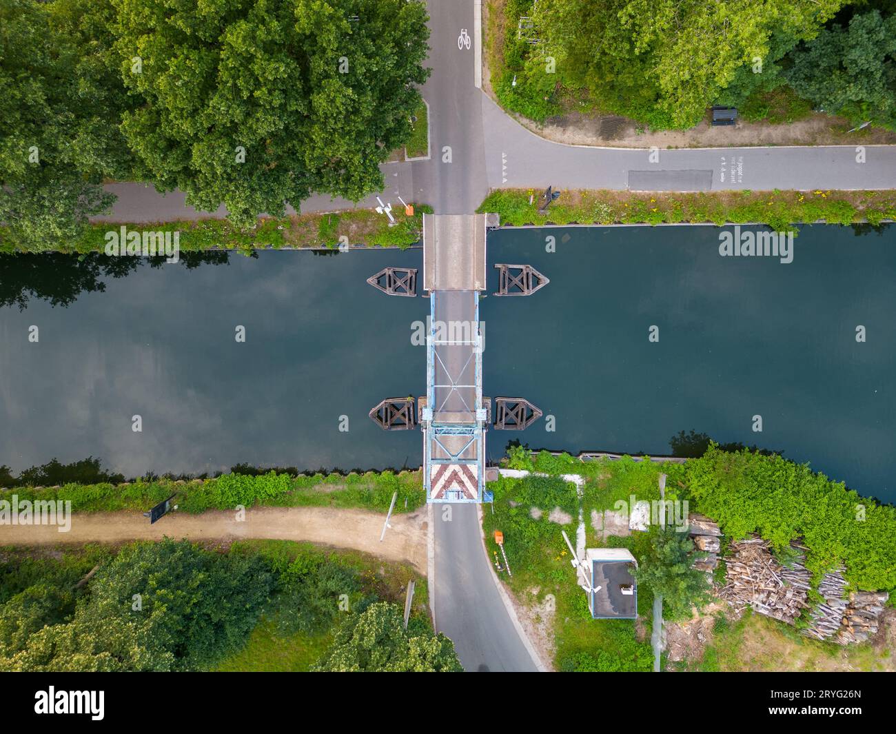 Top view aerial with drone of a Draw Bridge over the canal Dessel-Schoten in Rijkevorsel, Antwerp, Belgium Stock Photo