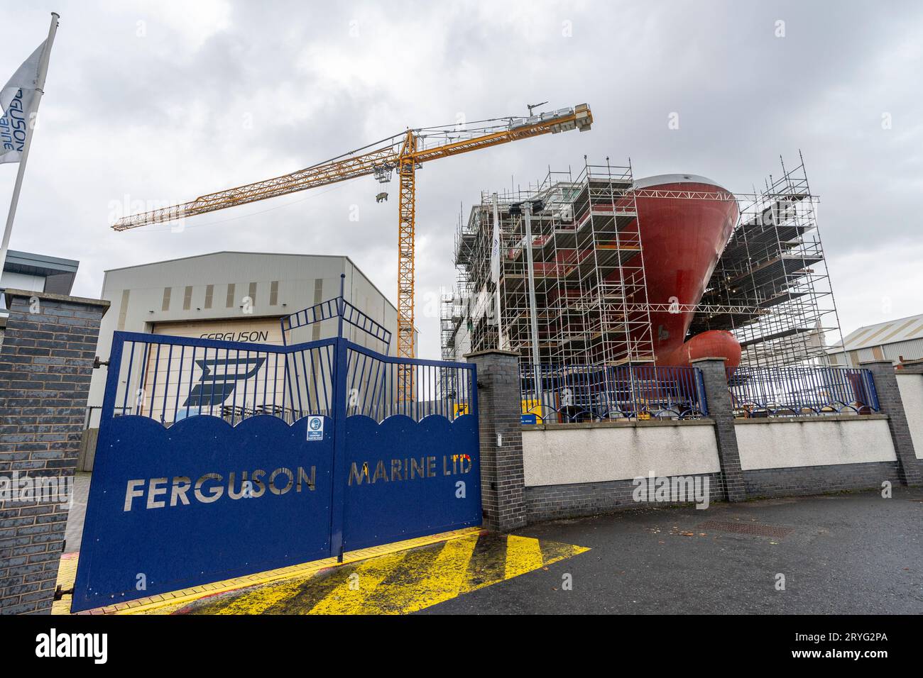 Latest images of MV Glen Rosa and Glen Sannox, two Caledonian MacBrayne ferries under construction at Ferguson Marine shipyard, Port Glasgow. Stock Photo