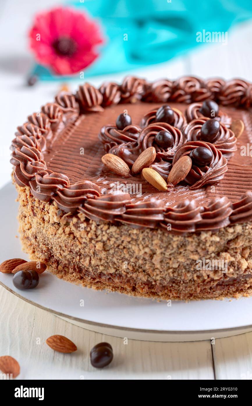 Coffee cake with butter cream and almonds. Stock Photo