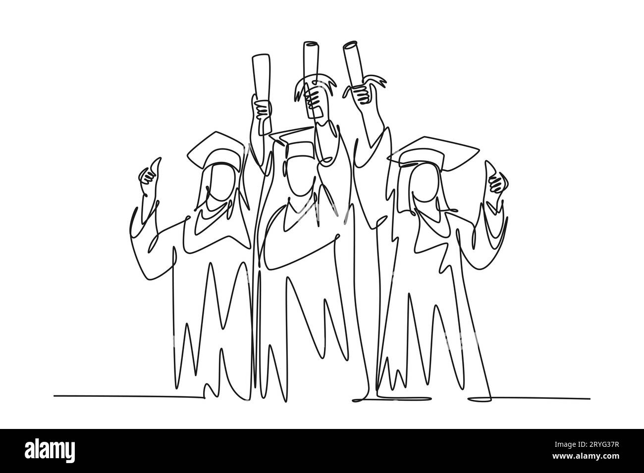 Continuous one line drawing group of happy graduate male and female college student wearing gown and lifting diploma certificate paper up into the air Stock Photo