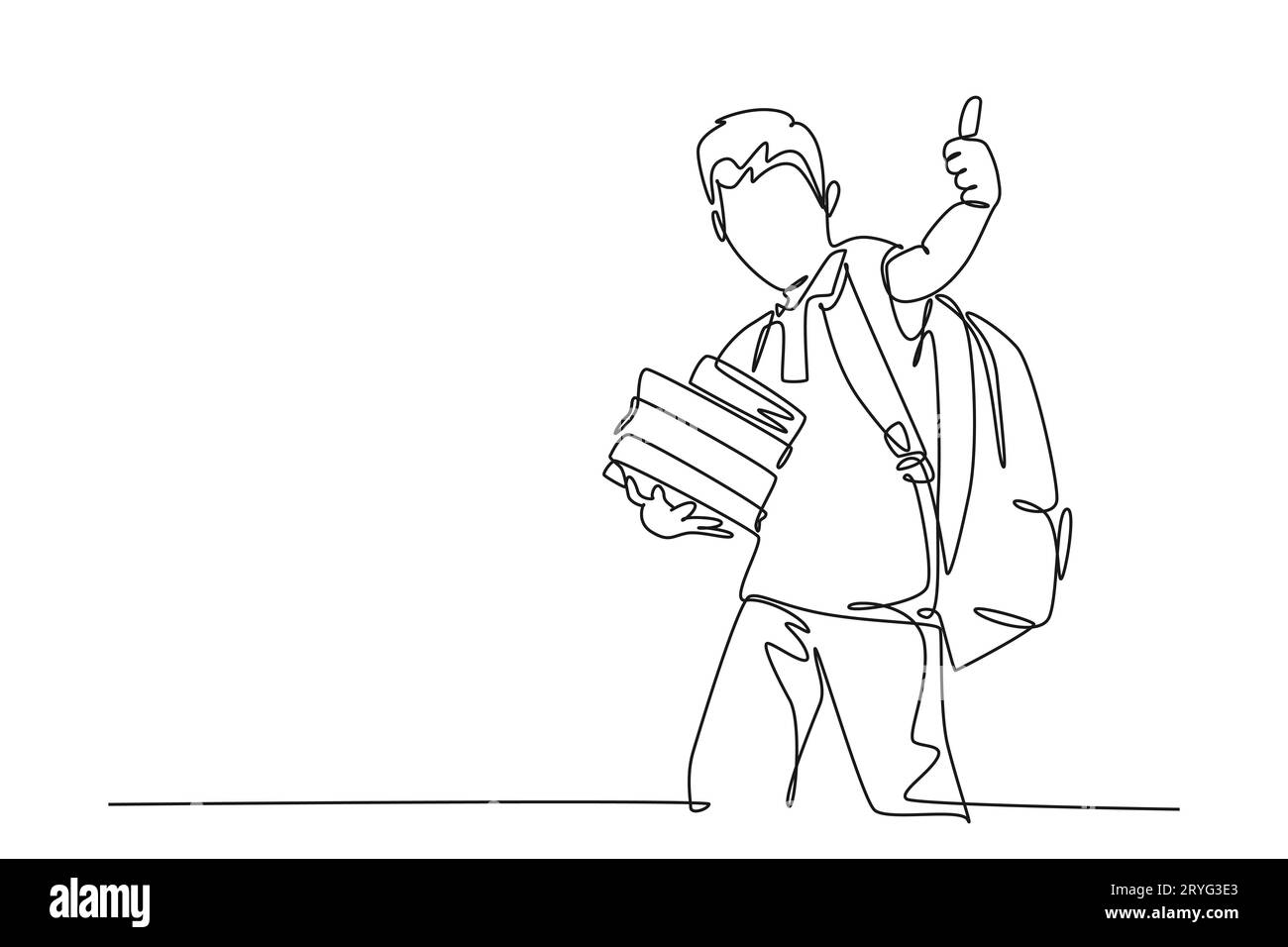 Single continuous line drawing young happy elementary school boy student carrying stack of books and giving thumbs up gesture. Kids education concept. Stock Photo