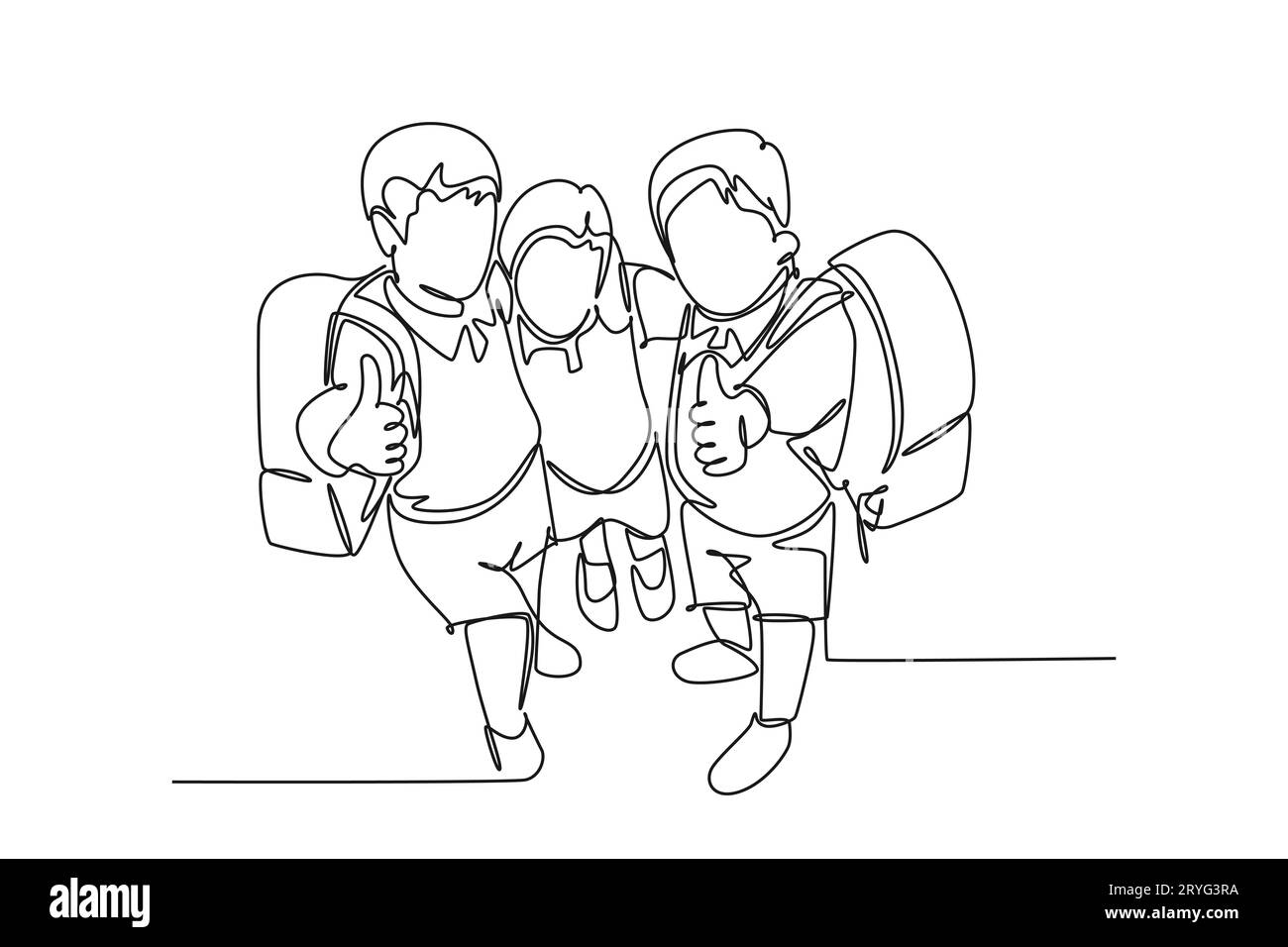 Single continuous line drawing group of happy boy and girl elementary school student carrying school bag and giving thumbs up gesture. Kids education. Stock Photo