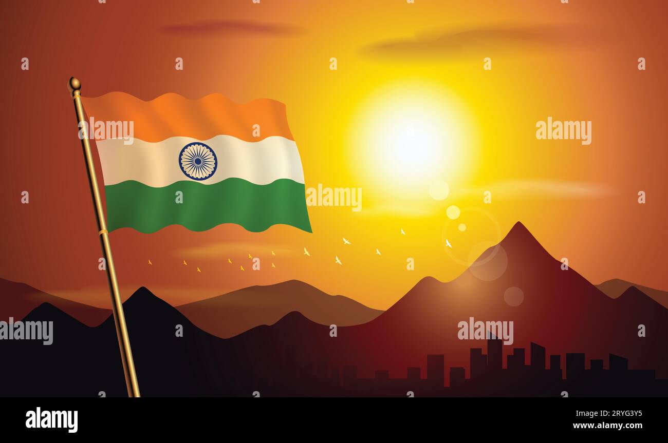 India flag with sunset background of mountains and lakes Stock Vector