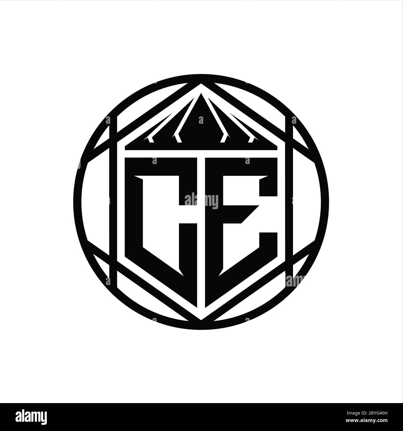 CE Letter Logo monogram hexagon slice crown sharp shield shape isolated ...