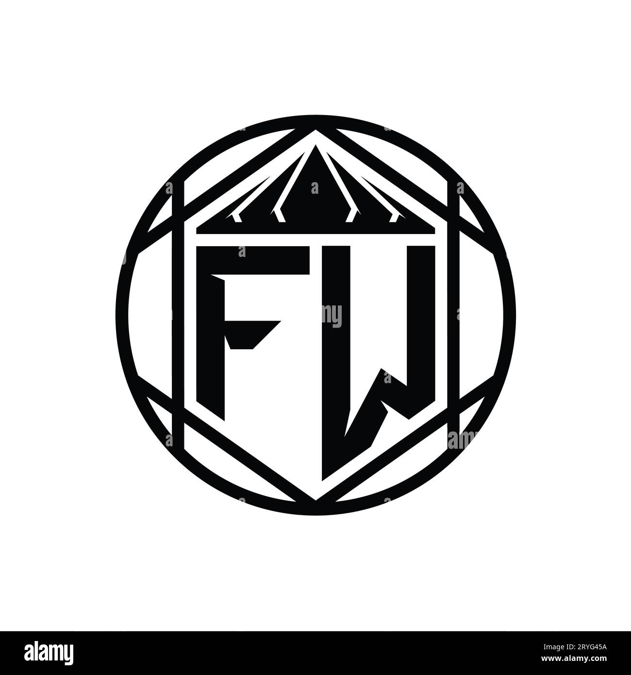 FW Letter Logo monogram hexagon slice crown sharp shield shape isolated ...