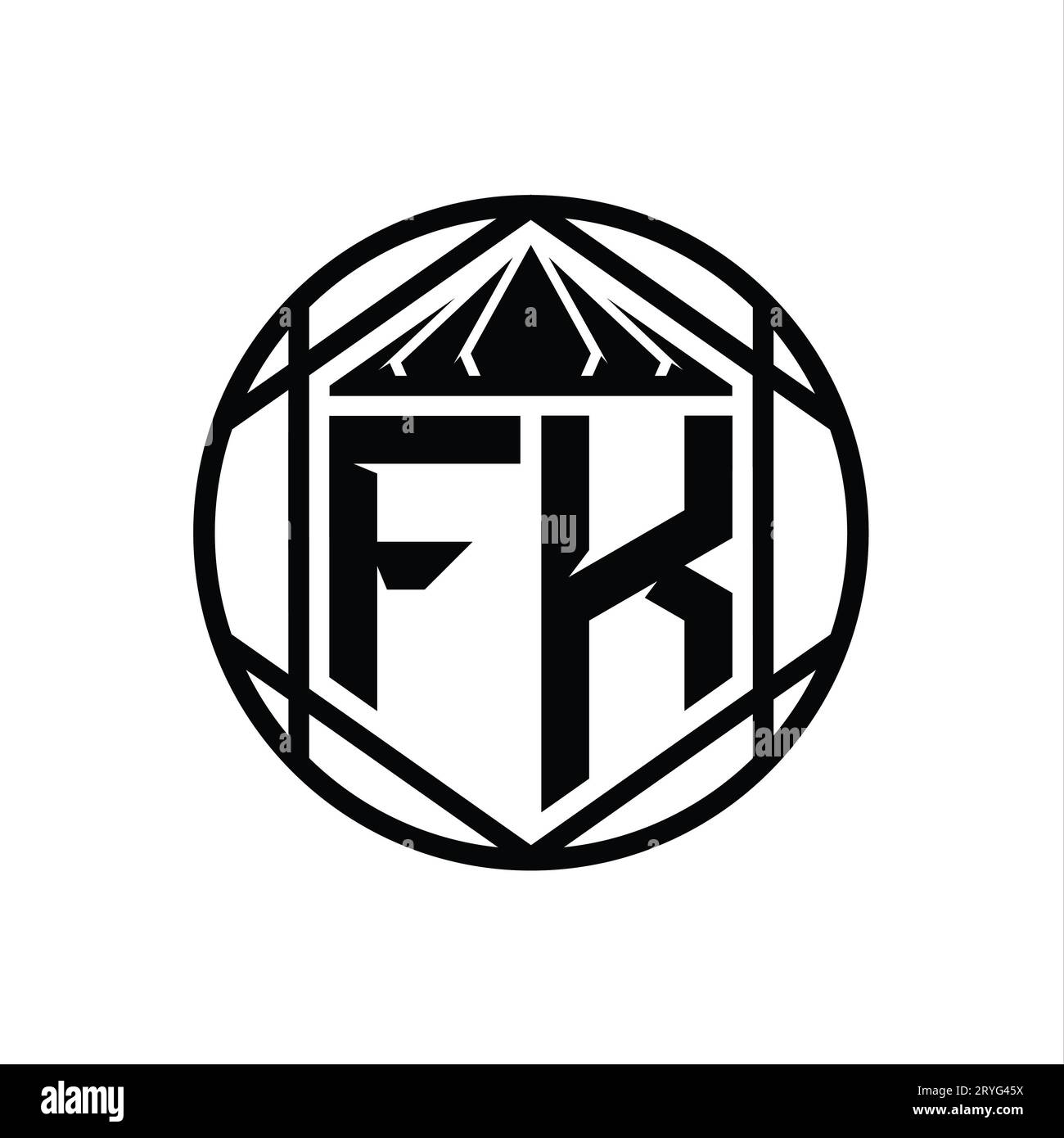 FK Letter Logo monogram hexagon slice crown sharp shield shape isolated ...