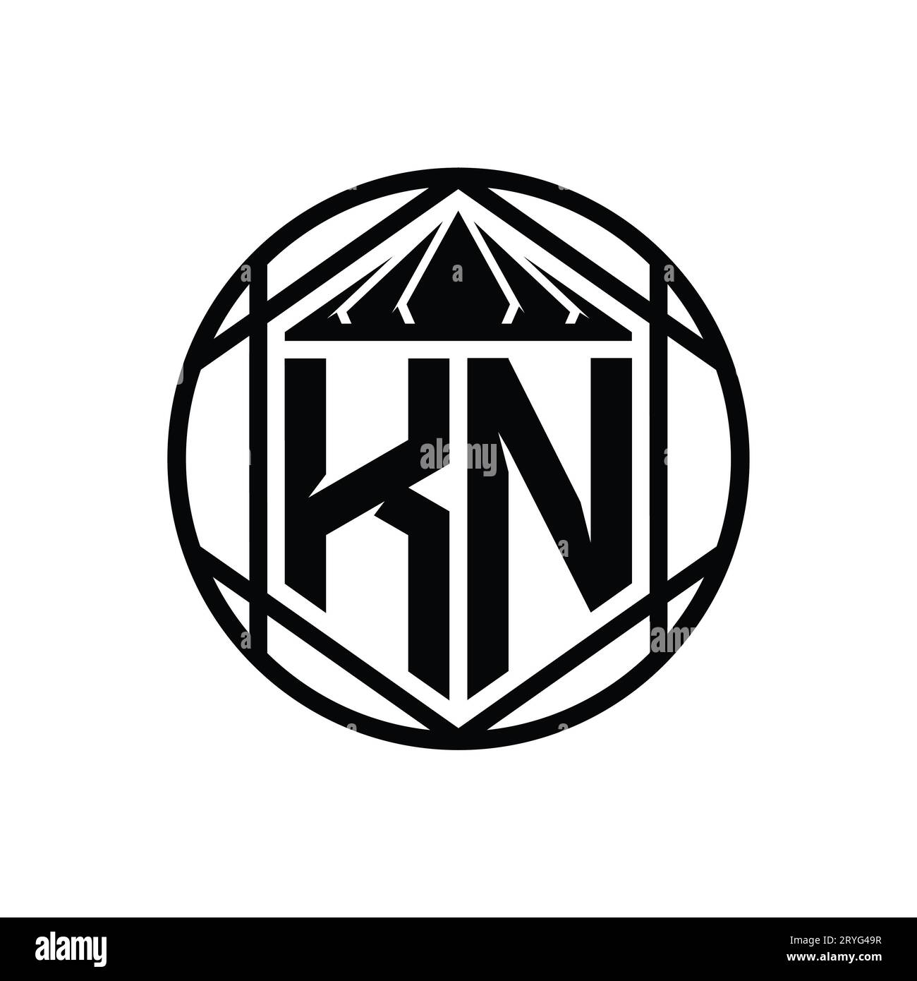 KN Letter Logo monogram hexagon slice crown sharp shield shape isolated ...