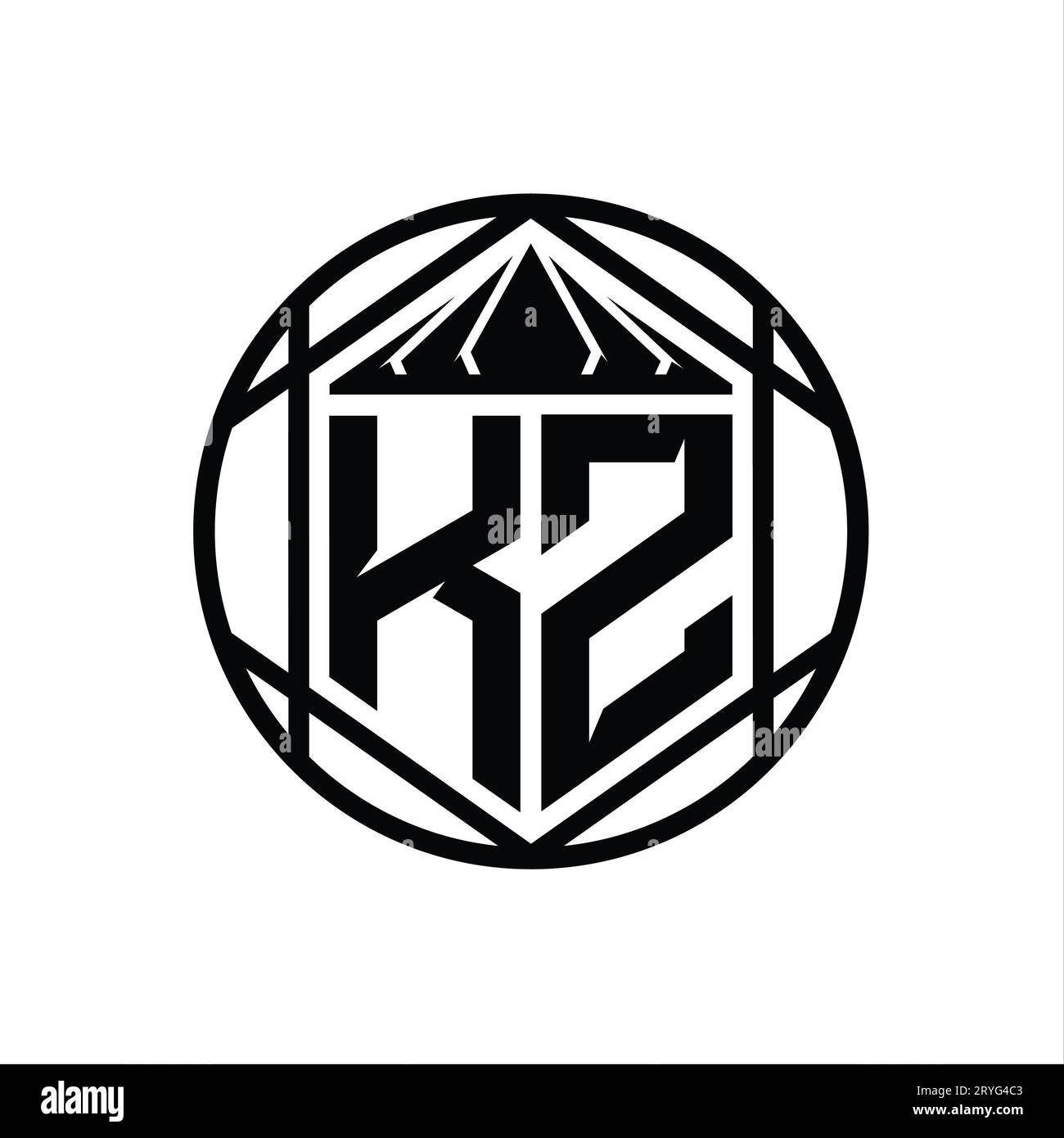 Kz Letter Logo Monogram Hexagon Slice Crown Sharp Shield Shape Isolated