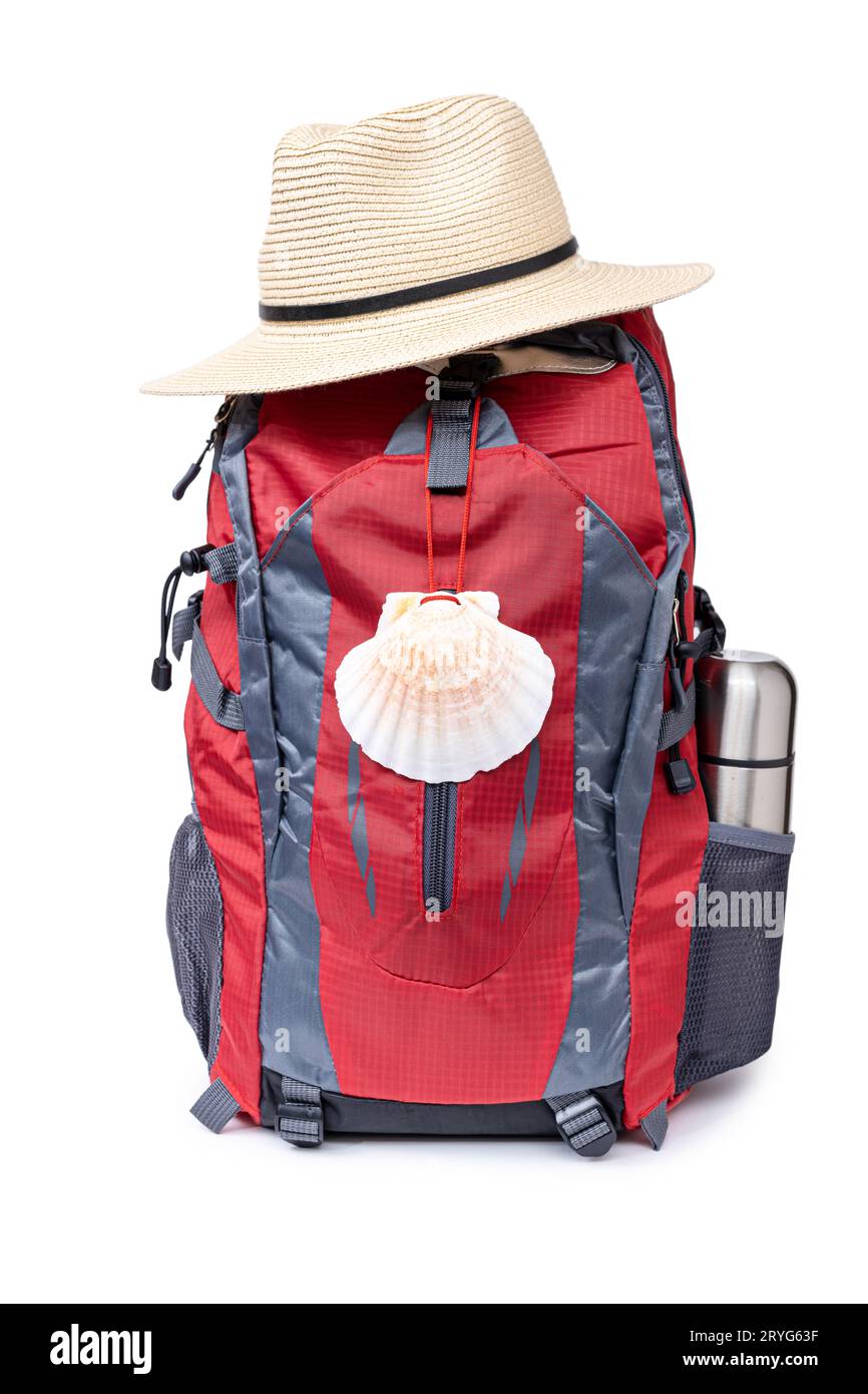 Camino de Santiago equipment. Pilgrim backpack with scallop symbol and