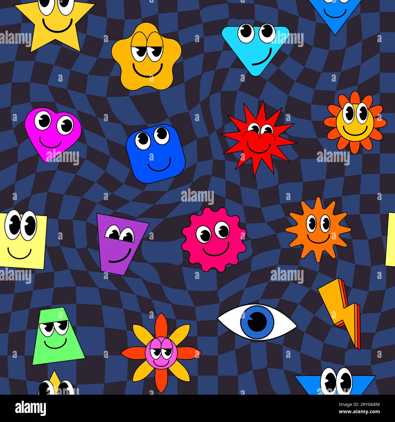 Smiley faces stickers, trippy seamless pattern. Retro trendy check distortion background Stock Vector