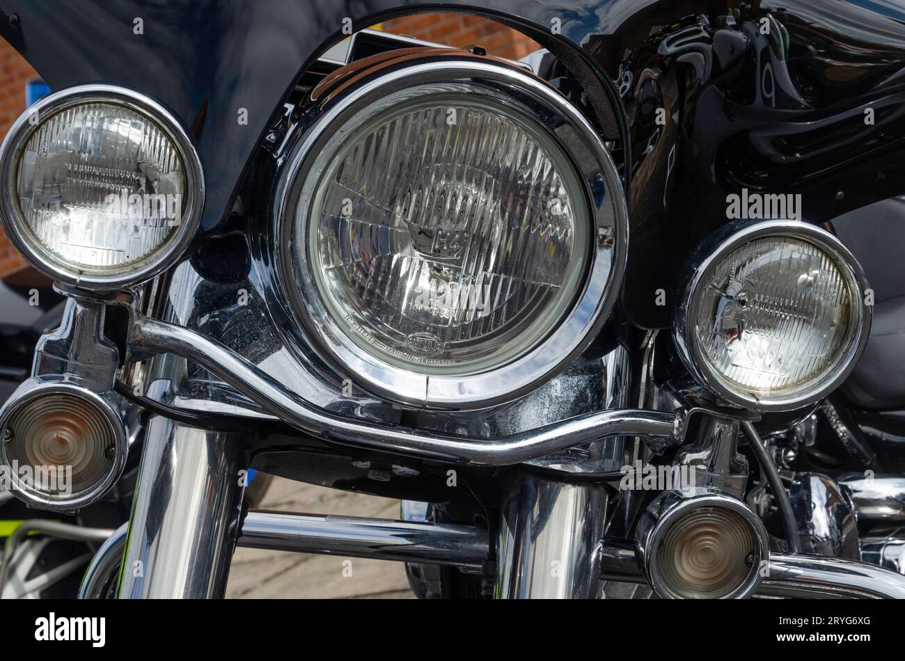 Carryduff, County Down Northern Ireland September 23 2023 - Harley Davidson Road King headlight cluster up close Stock Photo