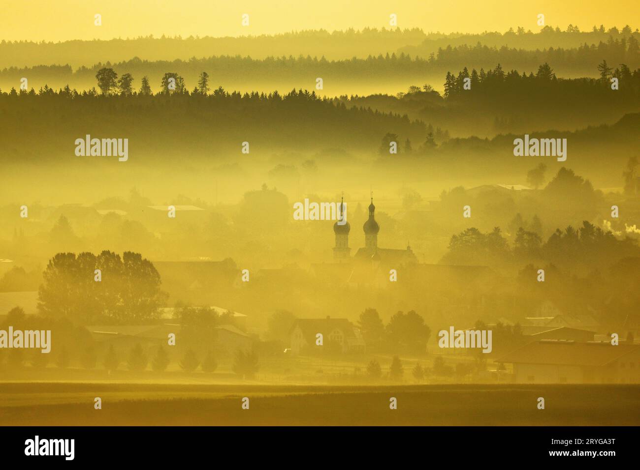 Uttenweiler, Germany. 01st Oct, 2023. The towers of the Church of St. Simon and Jude rise out of the morning mist colored yellow by the rising sun. Credit: Thomas Warnack/dpa/Alamy Live News Stock Photo