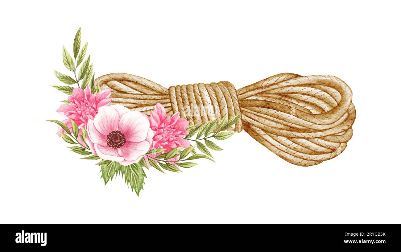 Watercolor Flowers in rope. Cowboy ropeand flowers. Farmhouse rustic clipart isolated Stock Photo