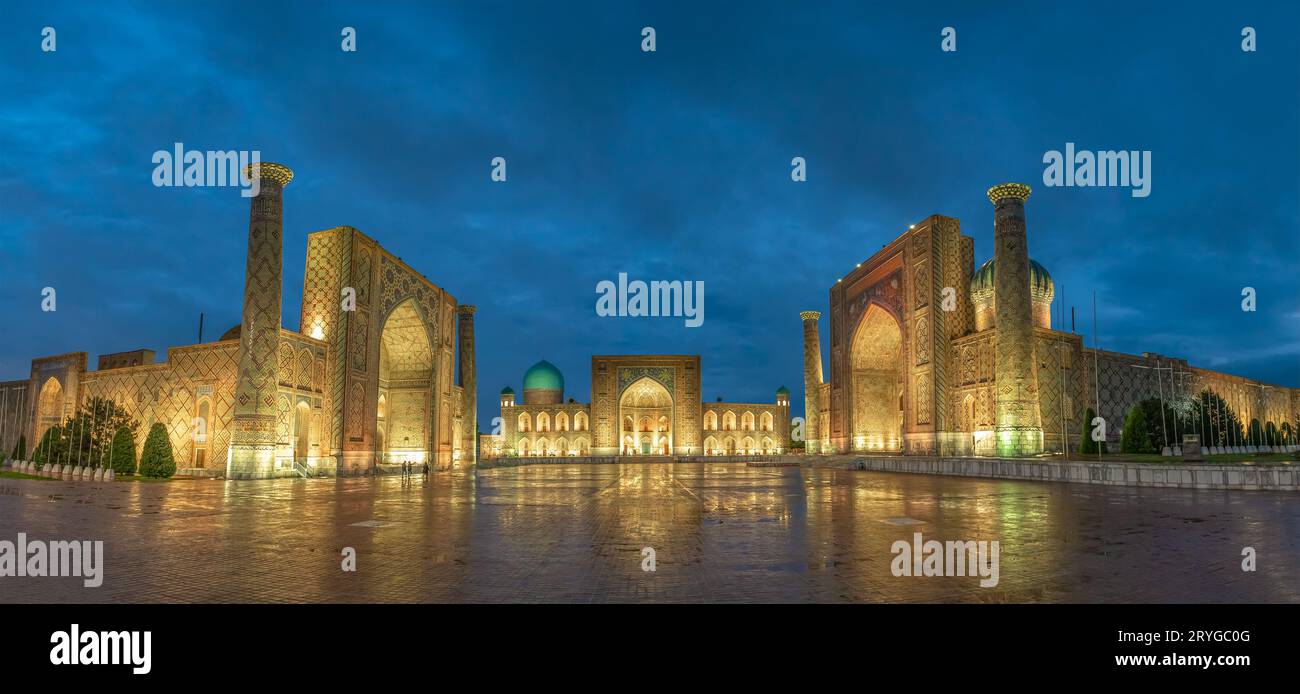 Panoramic view of Registan square, Samarkand, Uzbekistan with three madrasahs: Ulugh Beg, Tilya Kori and Sher-Dor Madrasah. Stock Photo