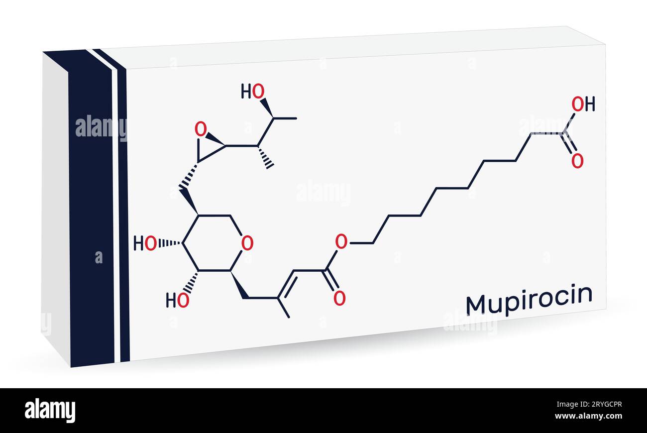 Mupirocin molecule. It is antibacterial ointment used to treat impetigo and skin infections. Skeletal chemical formula. Paper packaging for drugs. Vec Stock Vector