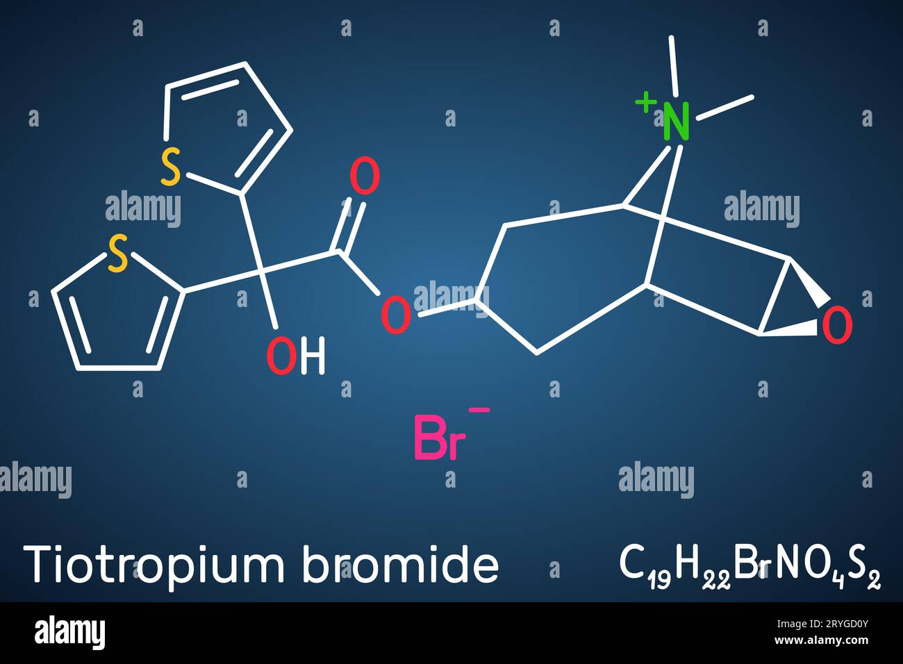 Tiotropium bromide molecule. Structural chemical formula on the dark