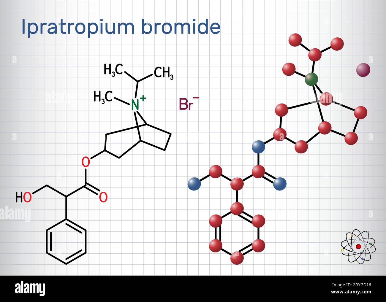 Ipratropium bromide molecule. Structural chemical formula and molecule