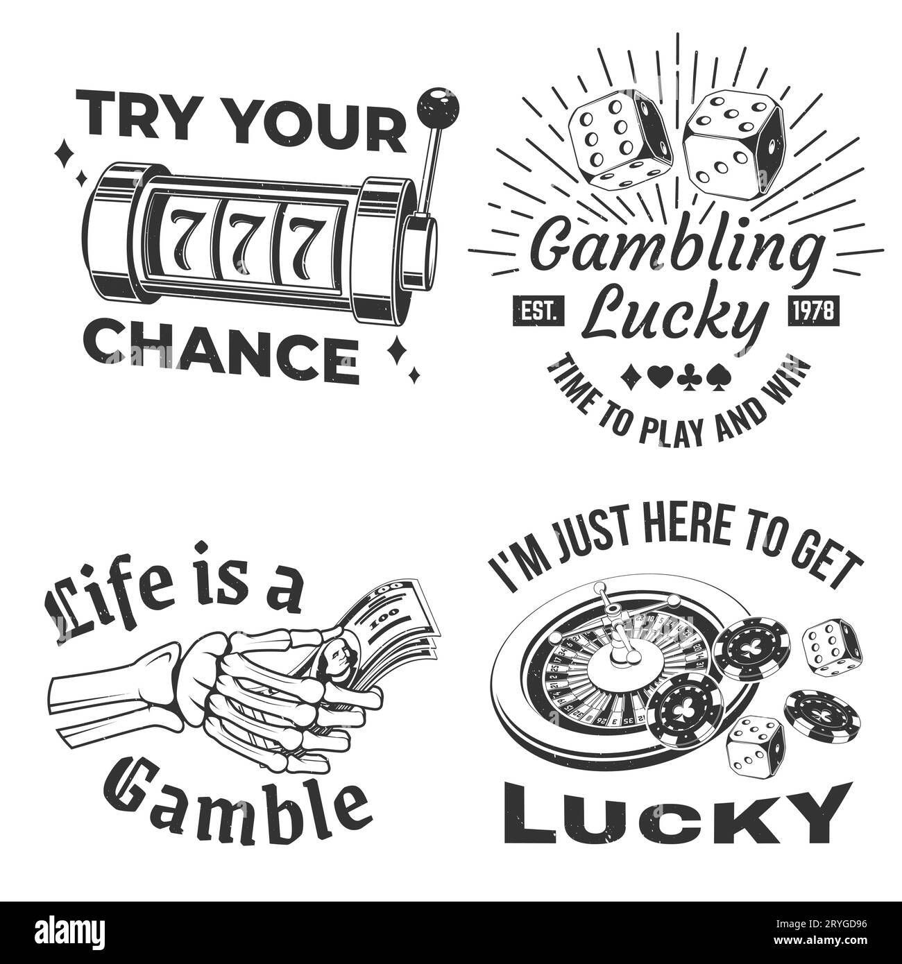 Gambling vintage print, logo, badge design with wheel of fortune, two