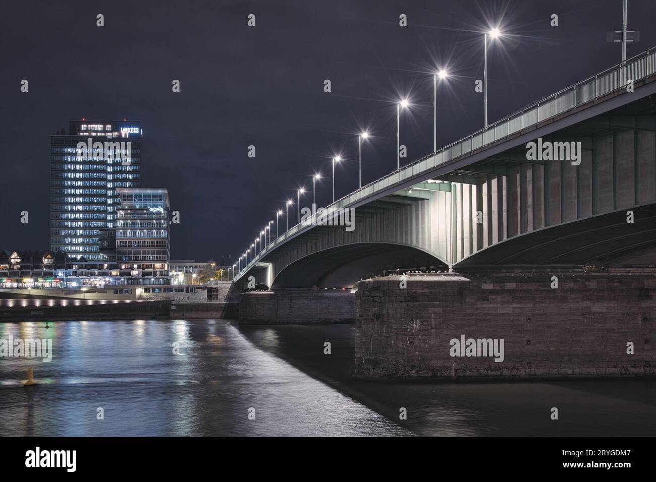 Lanxess headquarters over the Rhine and the Deutzer Bridge in Cologne, Germany Stock Photo