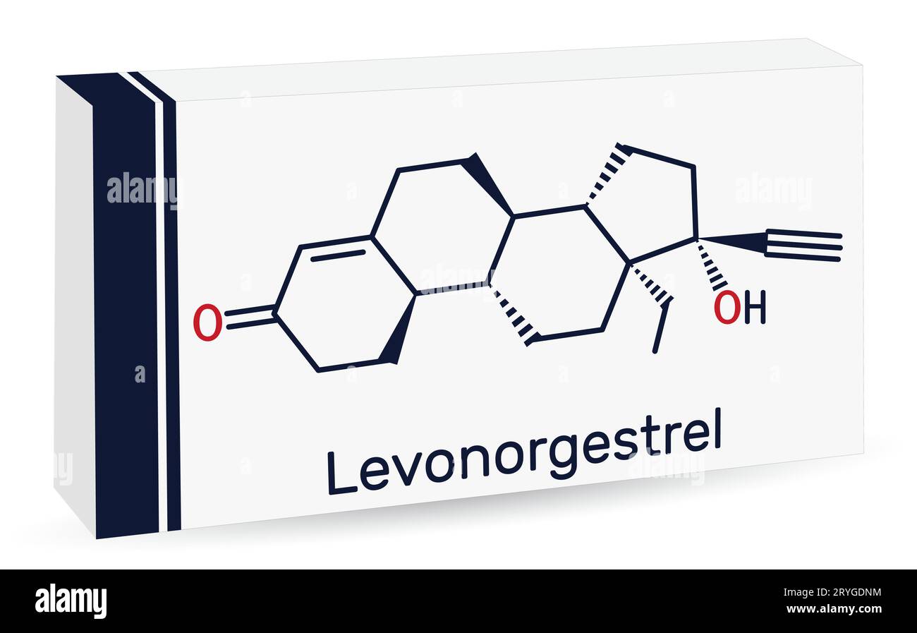 Levonorgestrel progestin molecule. It is synthetic progestogen, contraceptive. Skeletal chemical formula. Paper packaging for drugs. Stock Vector