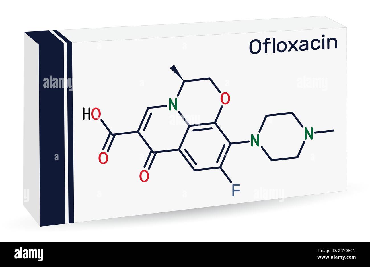 Ofloxacin fluoroquinolone molecule. It is quinolone antibiotic, antibacterial drug. Skeletal chemical formula. Paper packaging for drugs Stock Vector