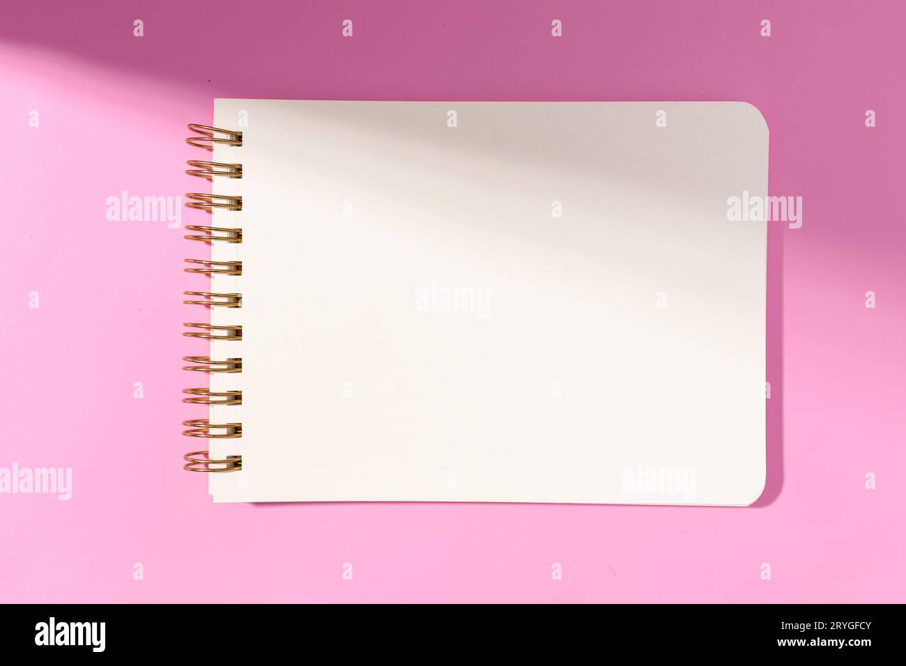 Blank paper notebook, pink flowers, golden stationery on marble