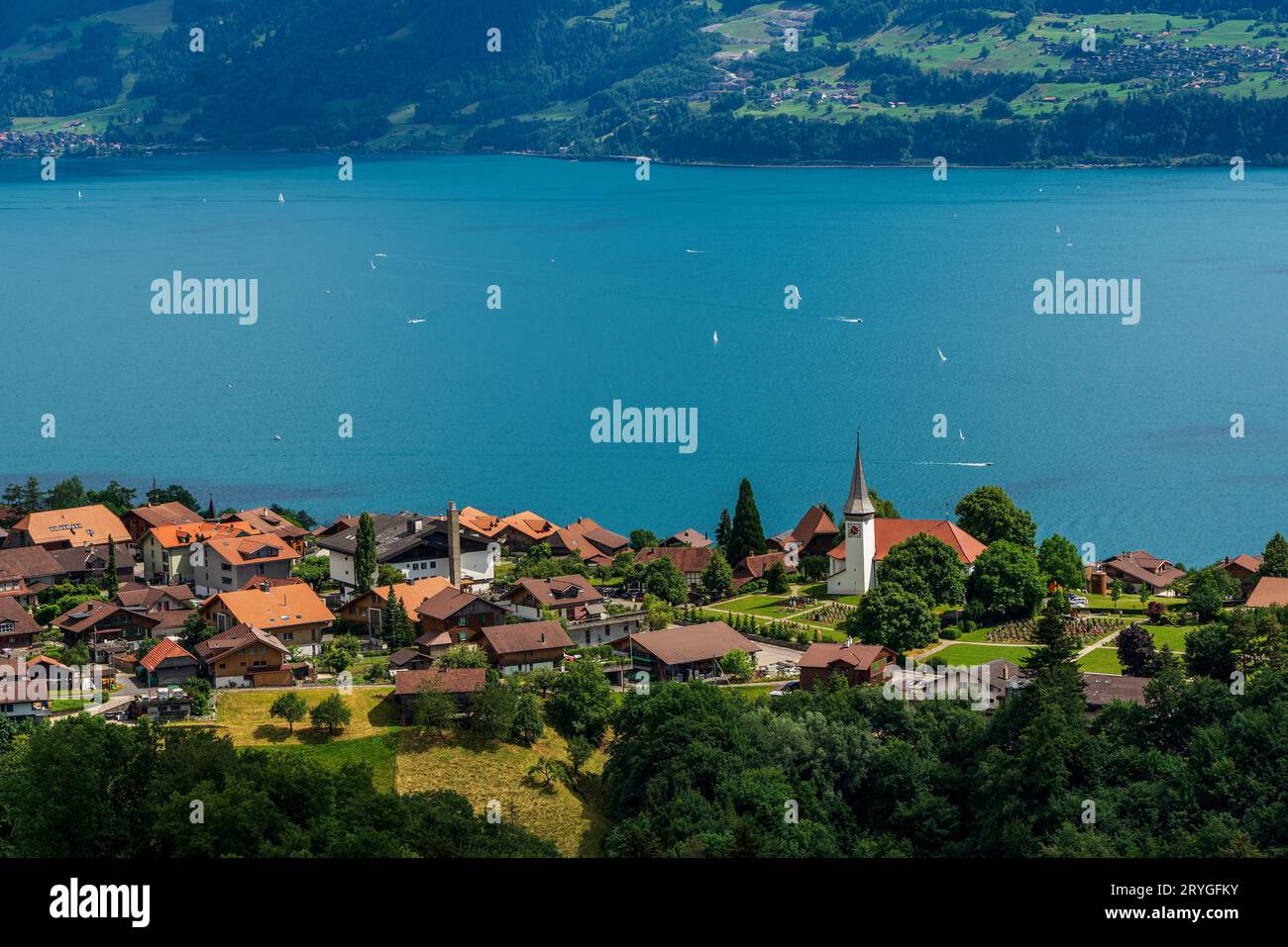 Panoramic view of Sigriswil and Lake Thun in Switzerland. Stock Photo