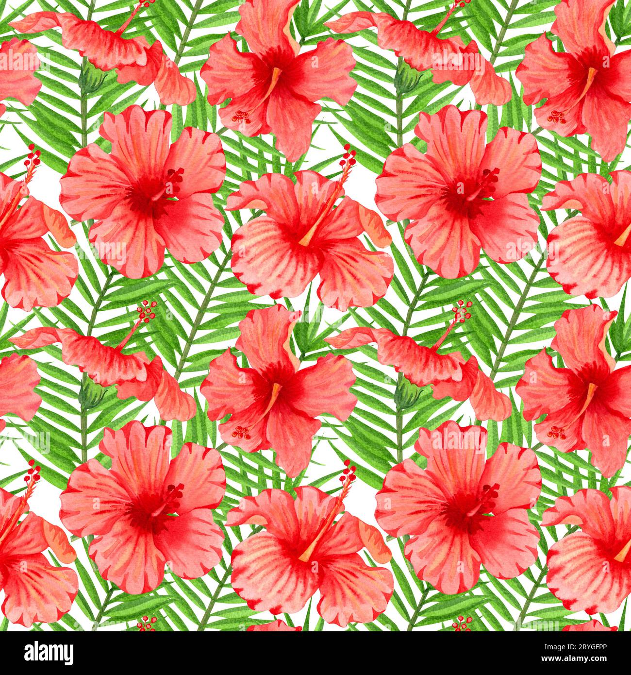 Watercolor seamless tropical floral pattern. Red hibiscus and palm ...
