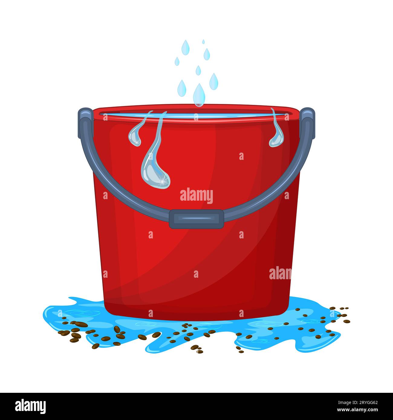 Red bucket with water.Plastic bucket filled water standing in puddle