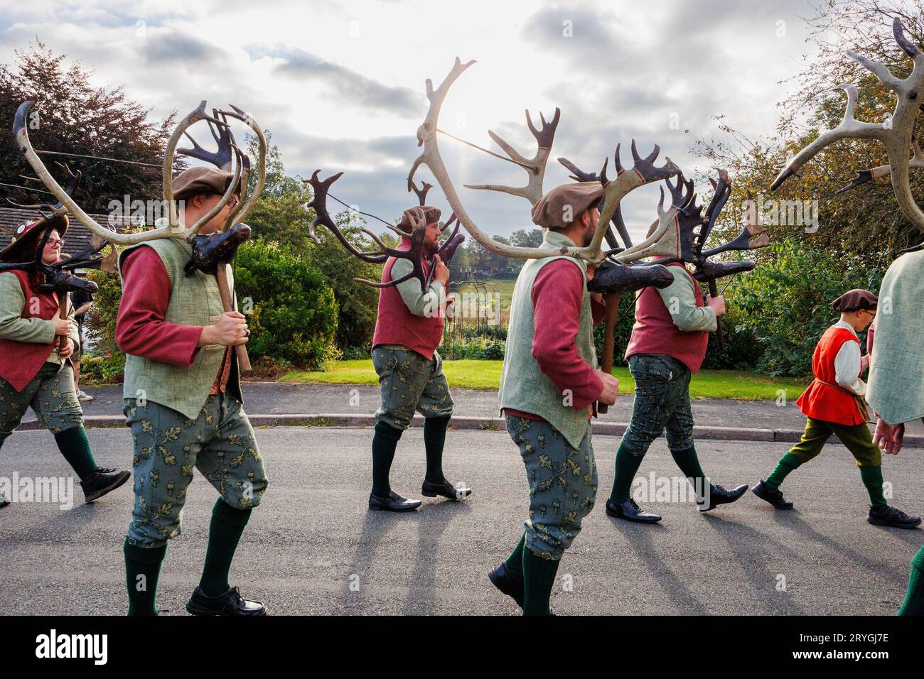 The Abbots Bromley reindeer antlers ready to be blessed in St. Nicholas’ Church before the dancing begins.before they make their way dancing around Abbots Bromley at the start of the day. The dance has been performed since 1226. Antlers are removed from the local church at 7.45am, blessed and the dancers then perform their dances around local villages until 8pm, when once again the antlers are locked away for another year. The annual ritual involves reindeer antlers, a hobby horse, Maid Marian and a fool. Stock Photo