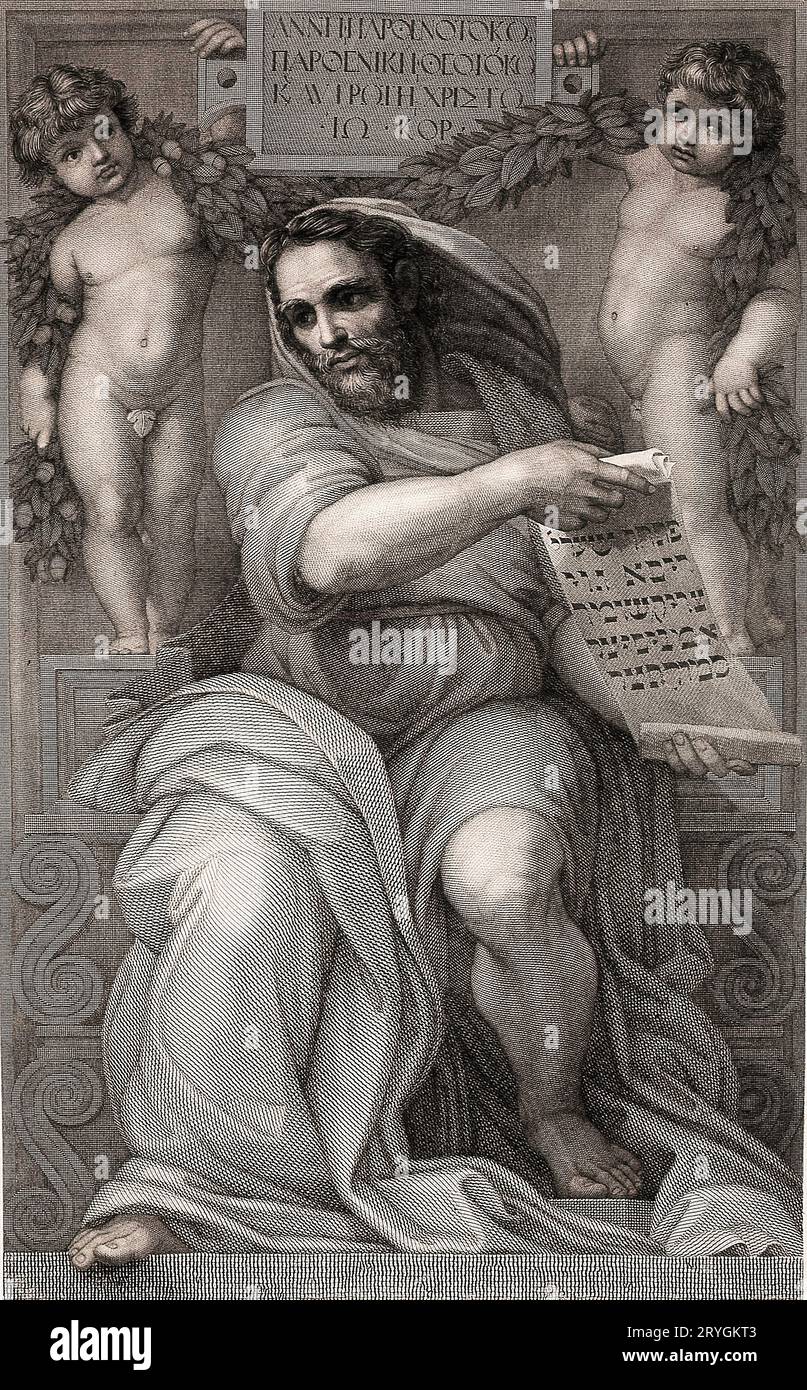 Mosè - drawing by Raffaele Bonajuti, engraving by Ignazio Bonajuti, from the painting by Raffaello Sanzio Stock Photo