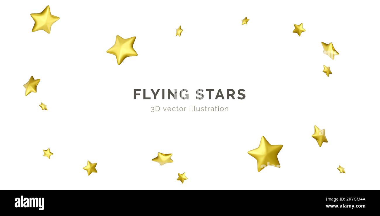Flying golden stars. Party background falling confetti. 3d gold stars. Vector illustration Stock Vector