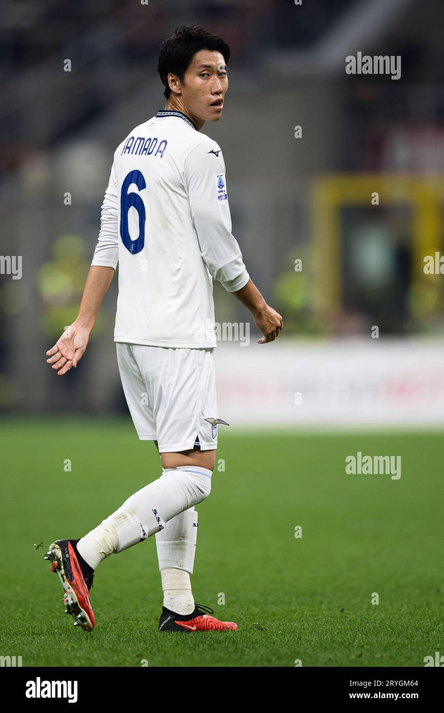 Daichi Kamada of SS Lazio looks on during the Serie A football match between AC Milan and SS Lazio. Stock Photo