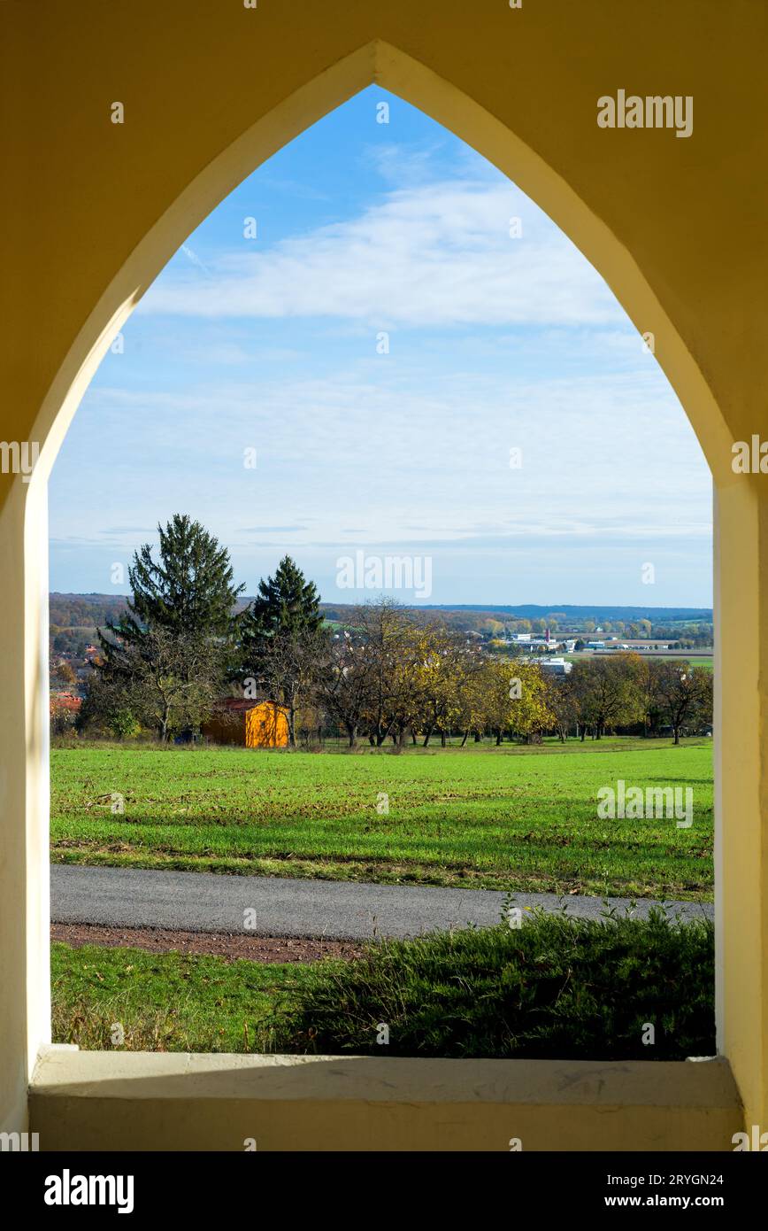 View through stone window in the wall of castle. Stock Photo