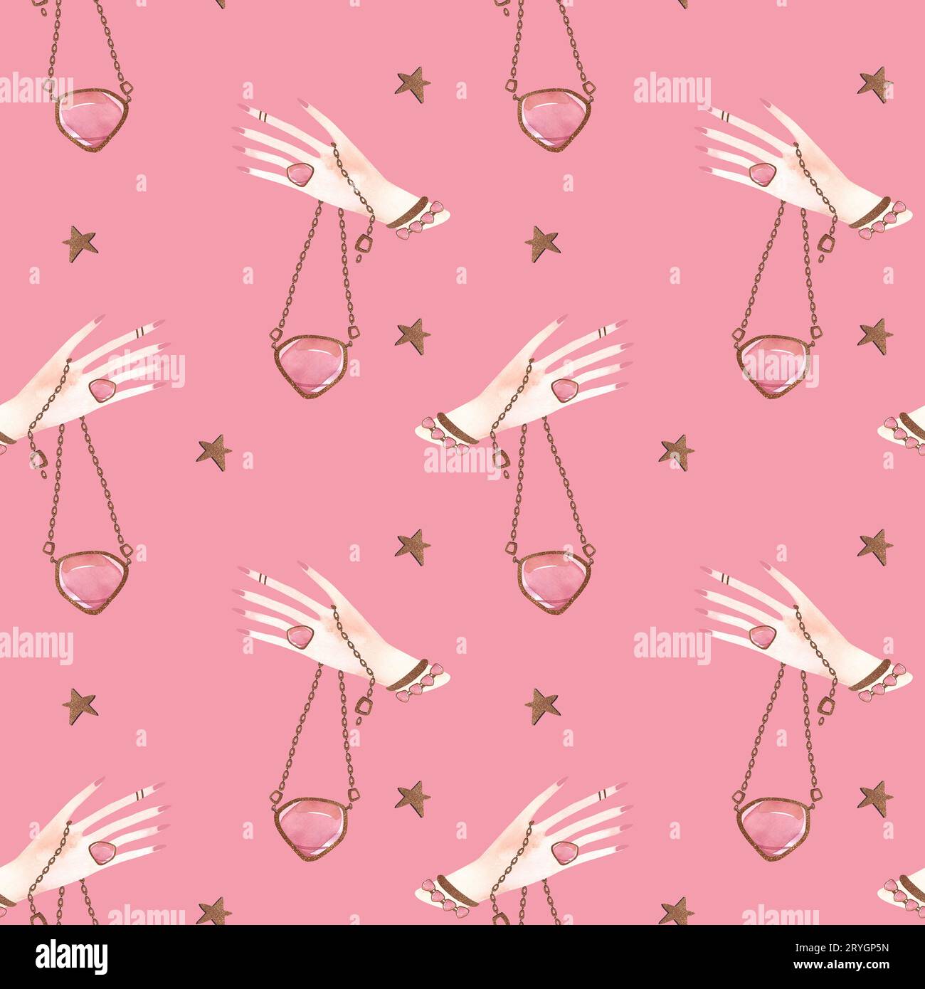 Magic seamless pattern. Woman's hand with a crystal on a chain and gold ...