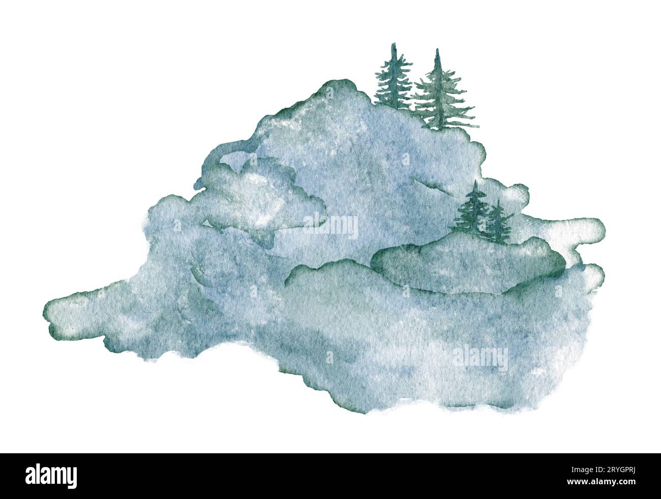 Watercolor forest tree and mountines. Hand drawn pine trees ...