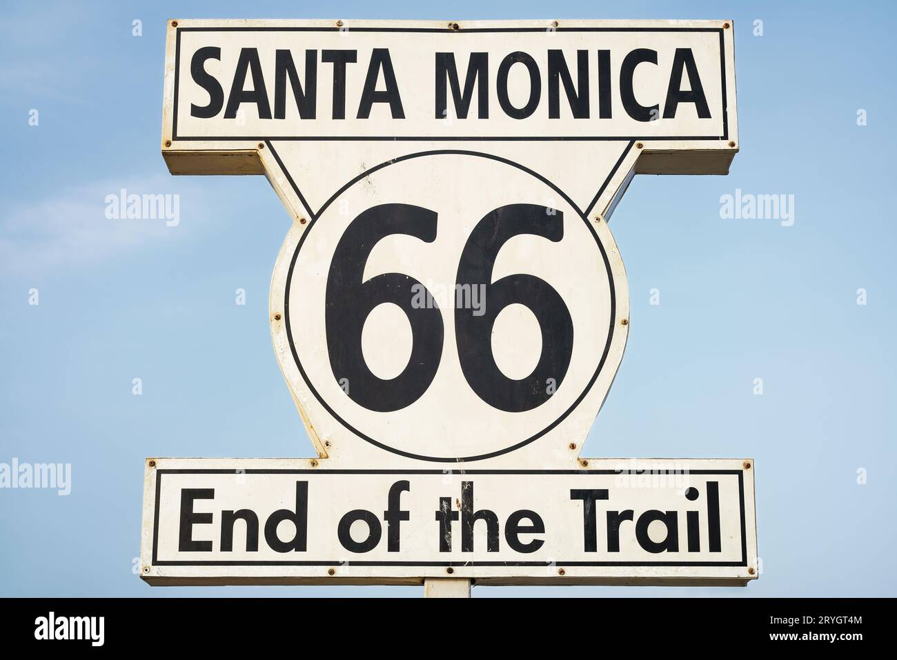 Route 66 sign, End of the Trail in Santa Monica, Los Angeles, USA. Stock Photo