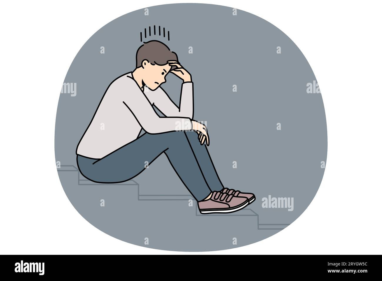 Stressed man sit on stairs thinking or making plan. Distressed unhappy guy lost in thoughts having dilemma or issue. Vector illustration. Stock Vector